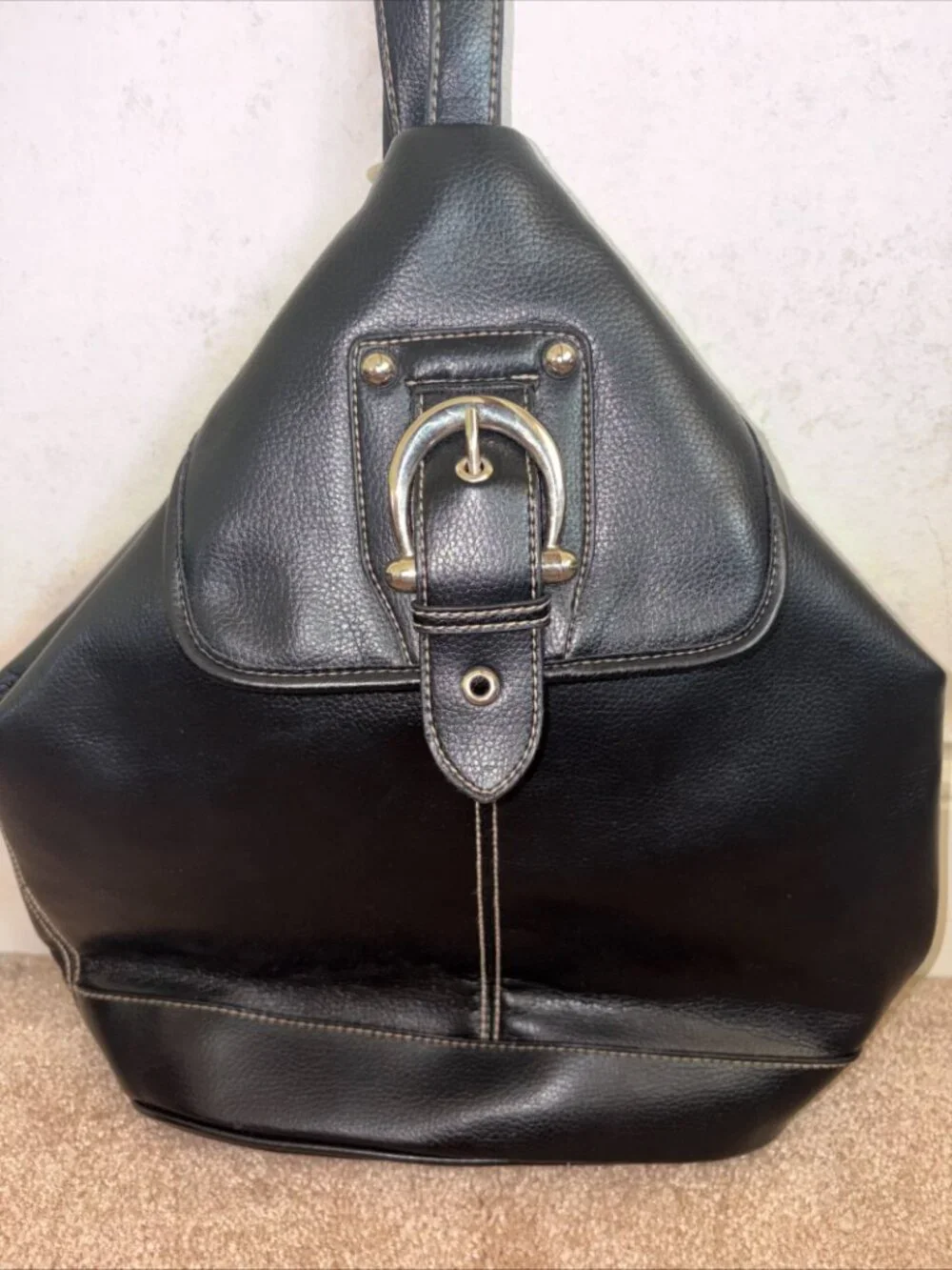 Small Black Duffel Backpack Bag Faux Leather Zip Close 13x13x5 Inches Silver HW